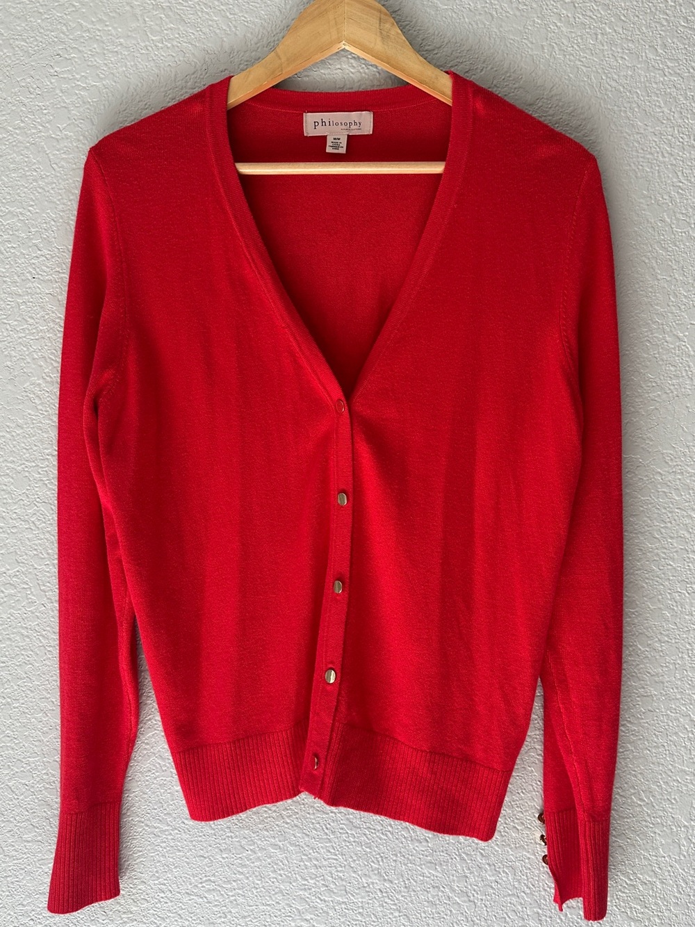 Philosophy - Bright Red V-Neck Button Front Cardigan - Gold Buttons - Size M